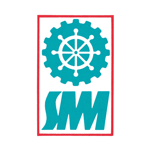 SMM 1982 Das SMM-Logo zeigt ein blaues Schiffsruder mit vier Speichen in einem weißen Kreis. Das Ruder hat eine zentrale Achse und wirkt, als würde es sich drehen, um ein Schiff zu steuern.