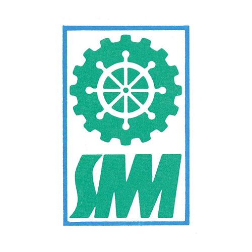 SMM 1984 Das SMM-Logo zeigt ein grünes Schiffsruder mit vier Speichen in einem weißen Kreis. Das Ruder hat eine zentrale Achse und wirkt, als würde es sich drehen, um ein Schiff zu steuern.