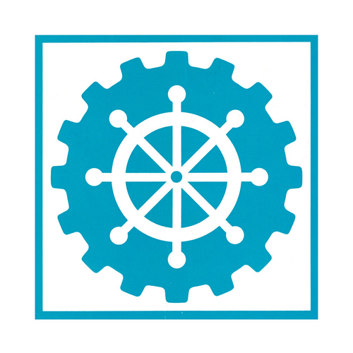 SMM 1970 Das Bild zeigt das SMM-Logo: ein blaues Zahnrad mit einem weißen Steuerrad in der Mitte.